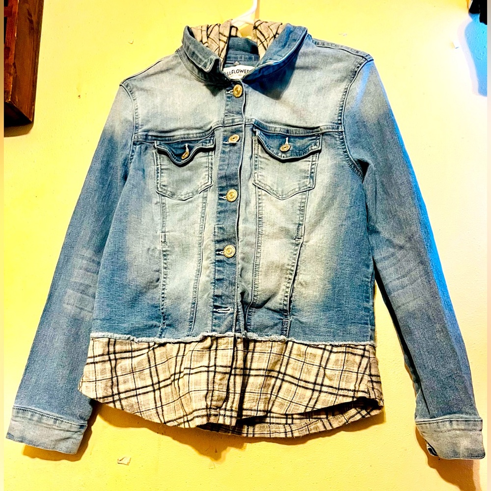 Wallflower Authentic Denim Light Jacket with Built-in Flannel Hood,XL